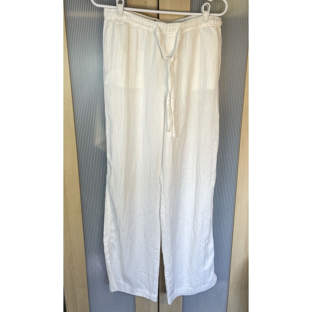Zara Womens Drawstring High Waisted Wide Leg Pants White M Casual Beach Resort‎